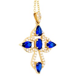 Χρυσός γυναικείος σταυρός Κ14 με μπλε ζιργκόν και αλυσίδα